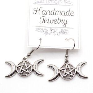 Handmade Pave Triple Moon Goddess Pentagram Wiccan Earrings, New